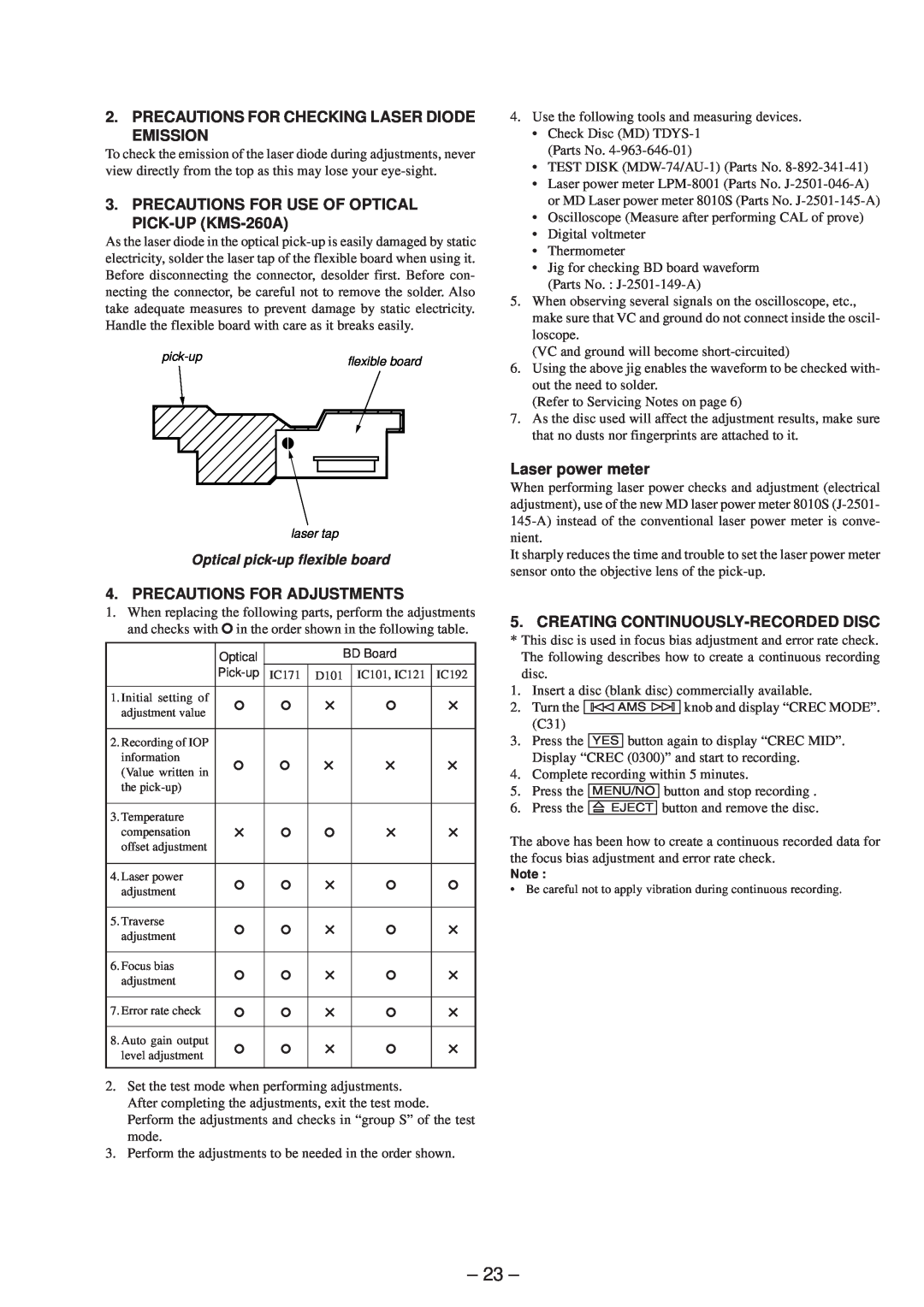 Sony MDS-JE530 23, Precautions For Checking Laser Diode Emission, Precautions For Adjustments, Laser power meter 
