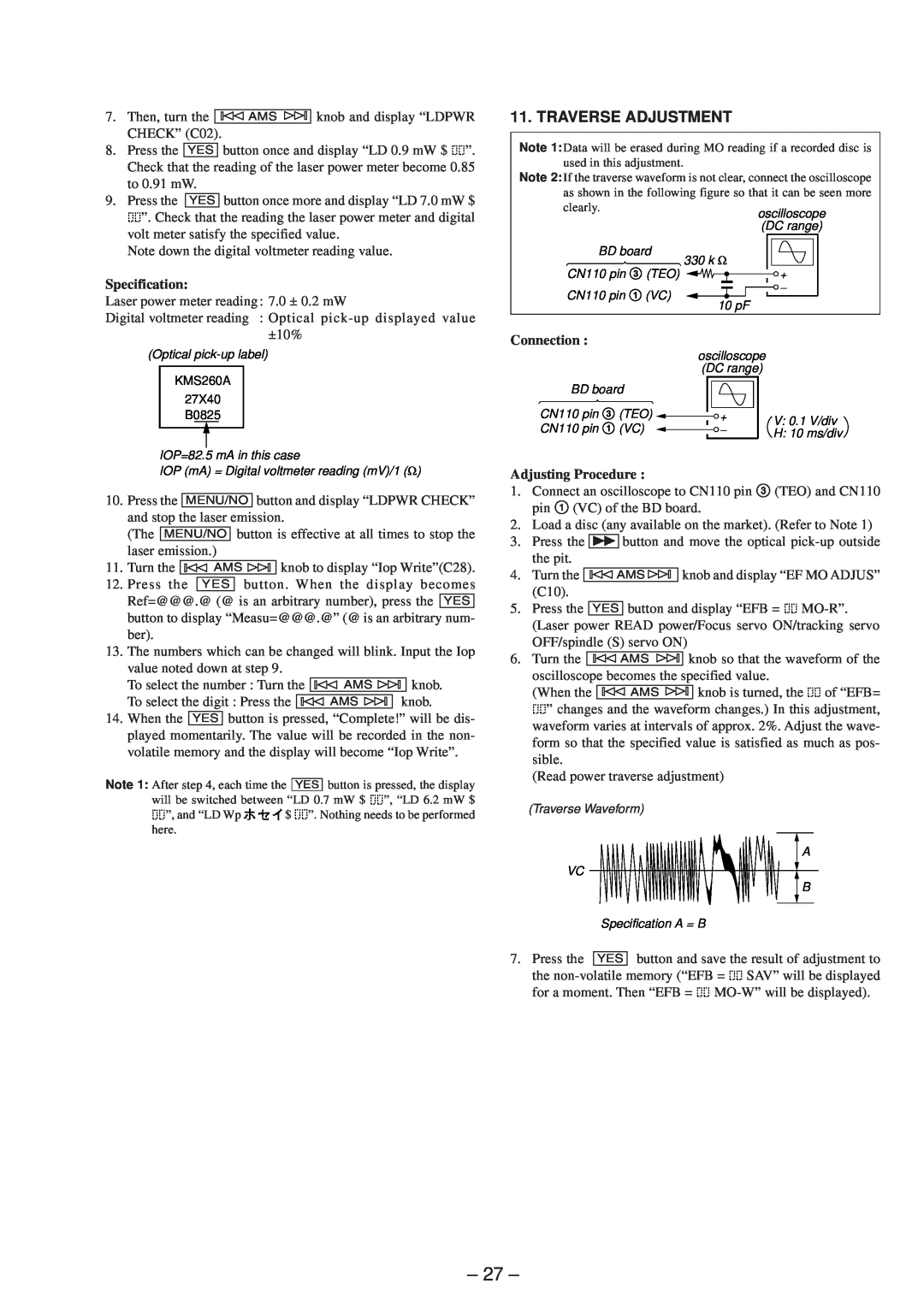 Sony MDS-JE530 service manual 27, Traverse Adjustment, Specification, Connection, Adjusting Procedure 