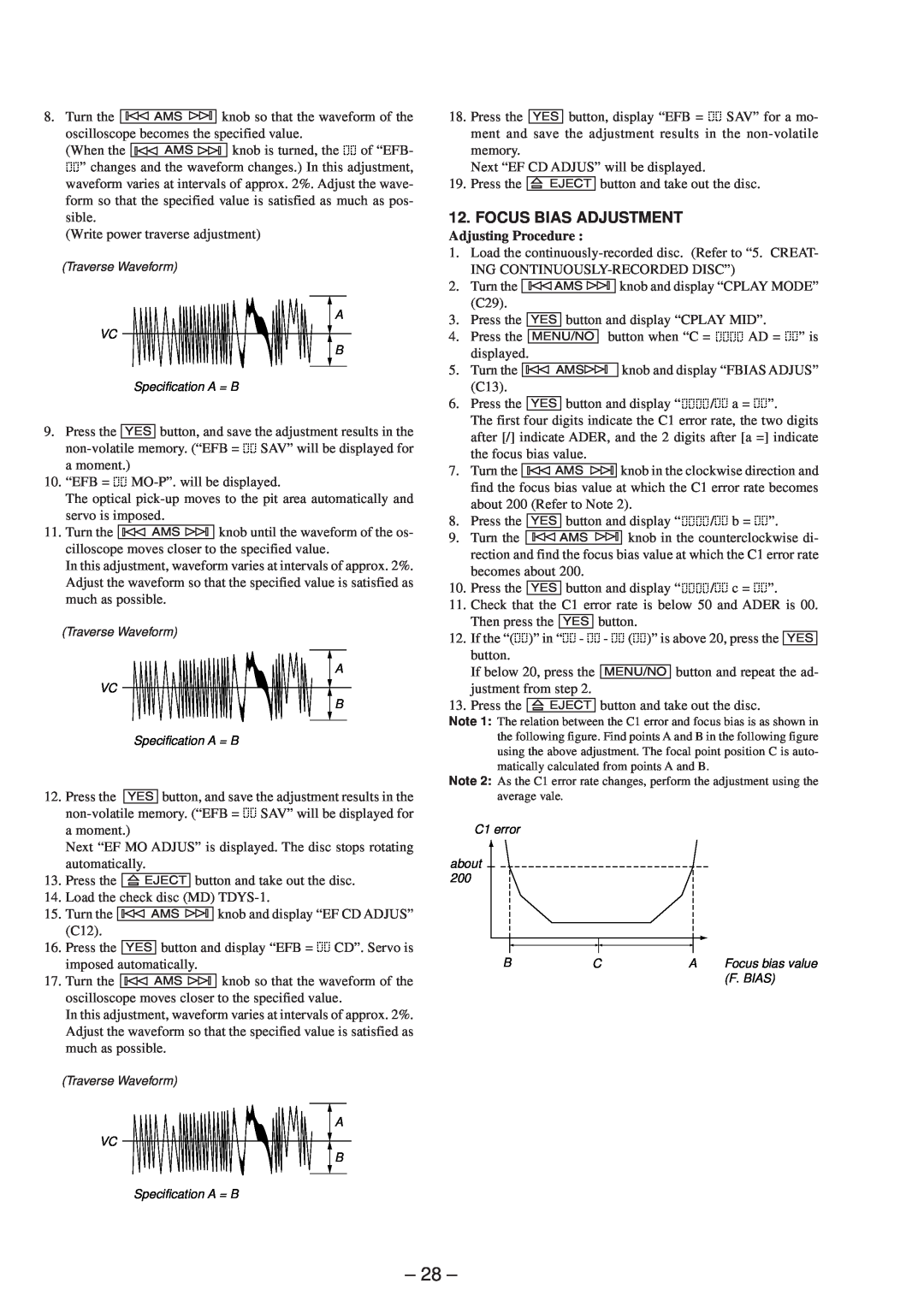 Sony MDS-JE530 service manual 28, Focus Bias Adjustment, Adjusting Procedure 