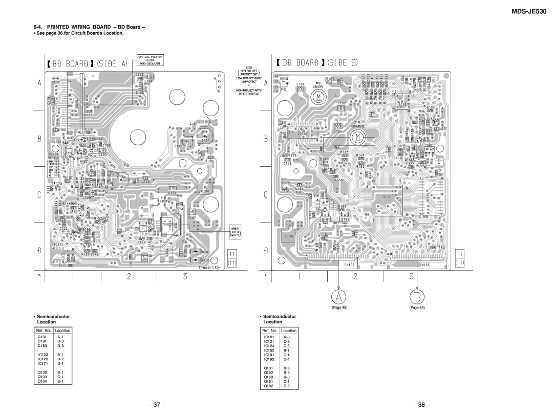 Sony MDS-JE530 38, PRINTED WIRING BOARD – BD Board, •See page 36 for Circuit Boards Location, •Semiconductor Location 