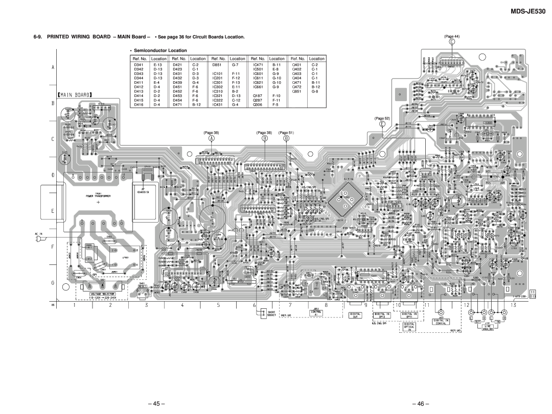Sony MDS-JE530 service manual 45, 46, PRINTED WIRING BOARD – MAIN Board – See•, page 36 for Circuit Boards Location 