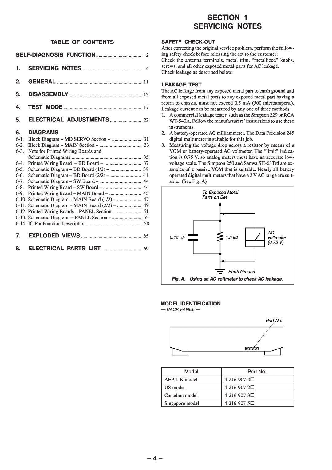 Sony MDS-JE530 Section Servicing Notes, 4, Table Of Contents, Diagrams, Self-Diagnosisfunction, General, Disassembly 