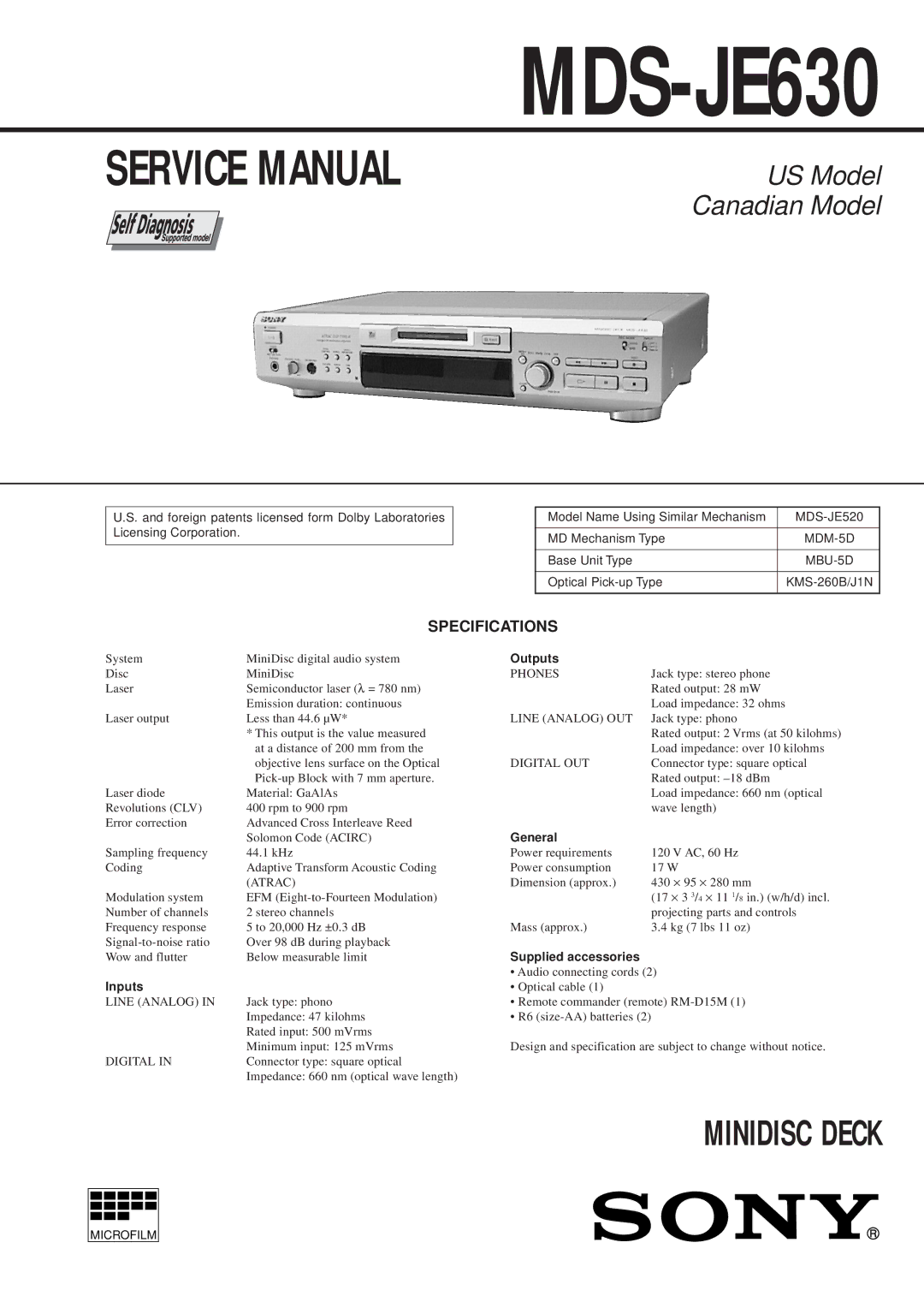 Sony MDS-JE630 service manual Specifications, MDS-JE520, MDM-5D, MBU-5D 