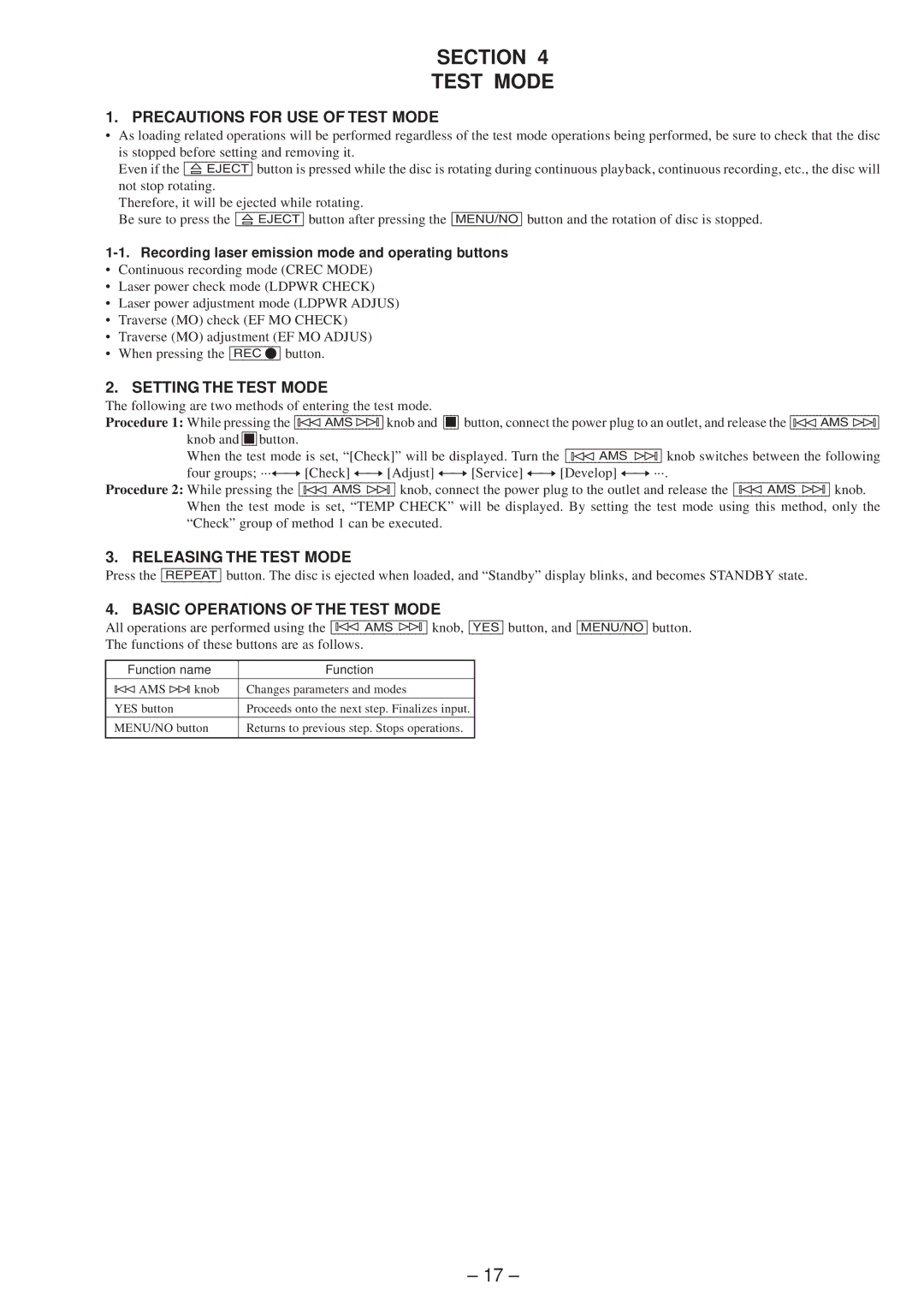 Sony MDS-JE630 Section Test Mode, Precautions for USE of Test Mode, Setting the Test Mode, Releasing the Test Mode 