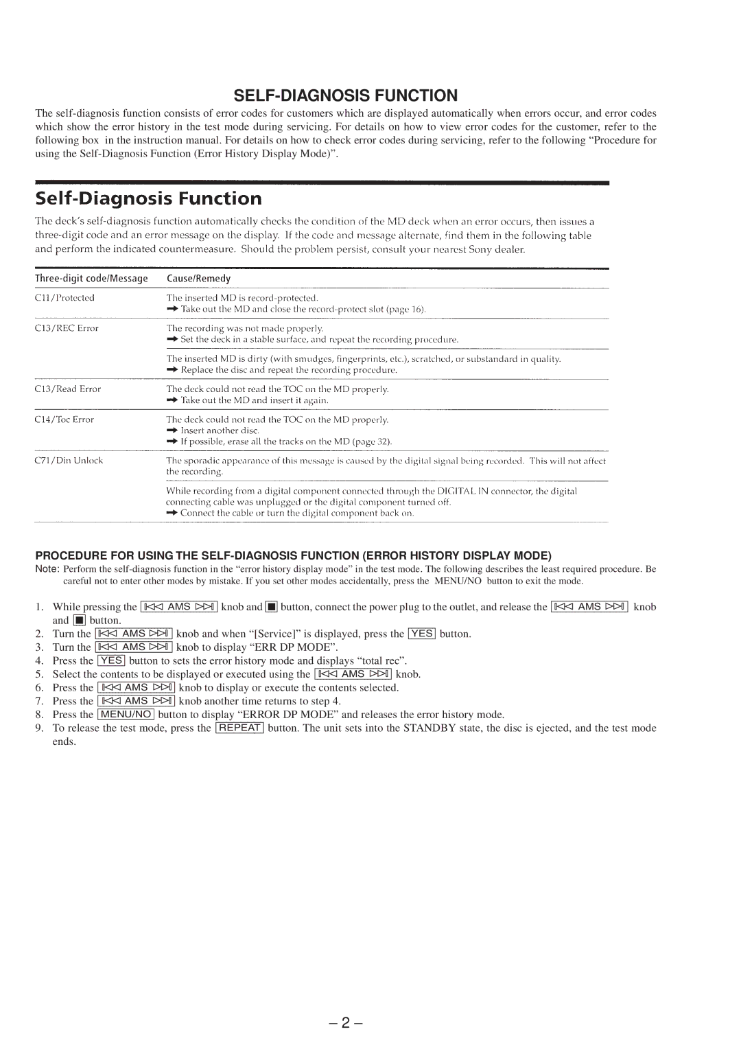 Sony MDS-JE630 service manual SELF-DIAGNOSIS Function 