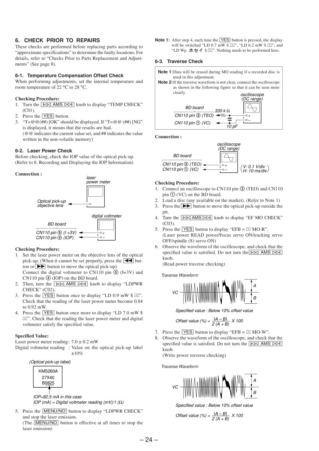 Sony MDS-JE630 Check Prior to Repairs, Temperature Compensation Offset Check, Laser Power Check, Traverse Check, KMS260A 