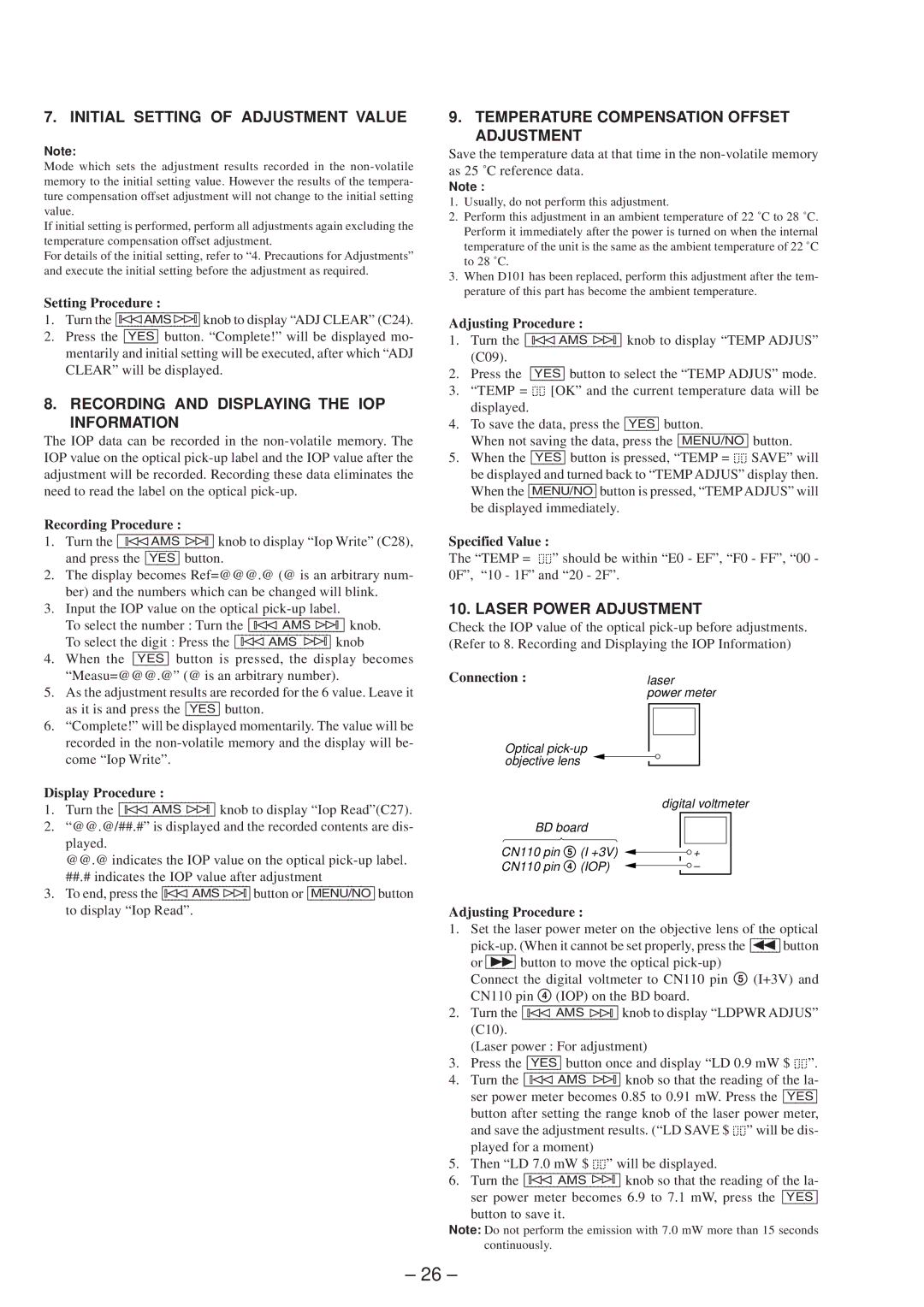 Sony MDS-JE630 Initial Setting of Adjustment Value, Recording and Displaying the IOP Information, Laser Power Adjustment 