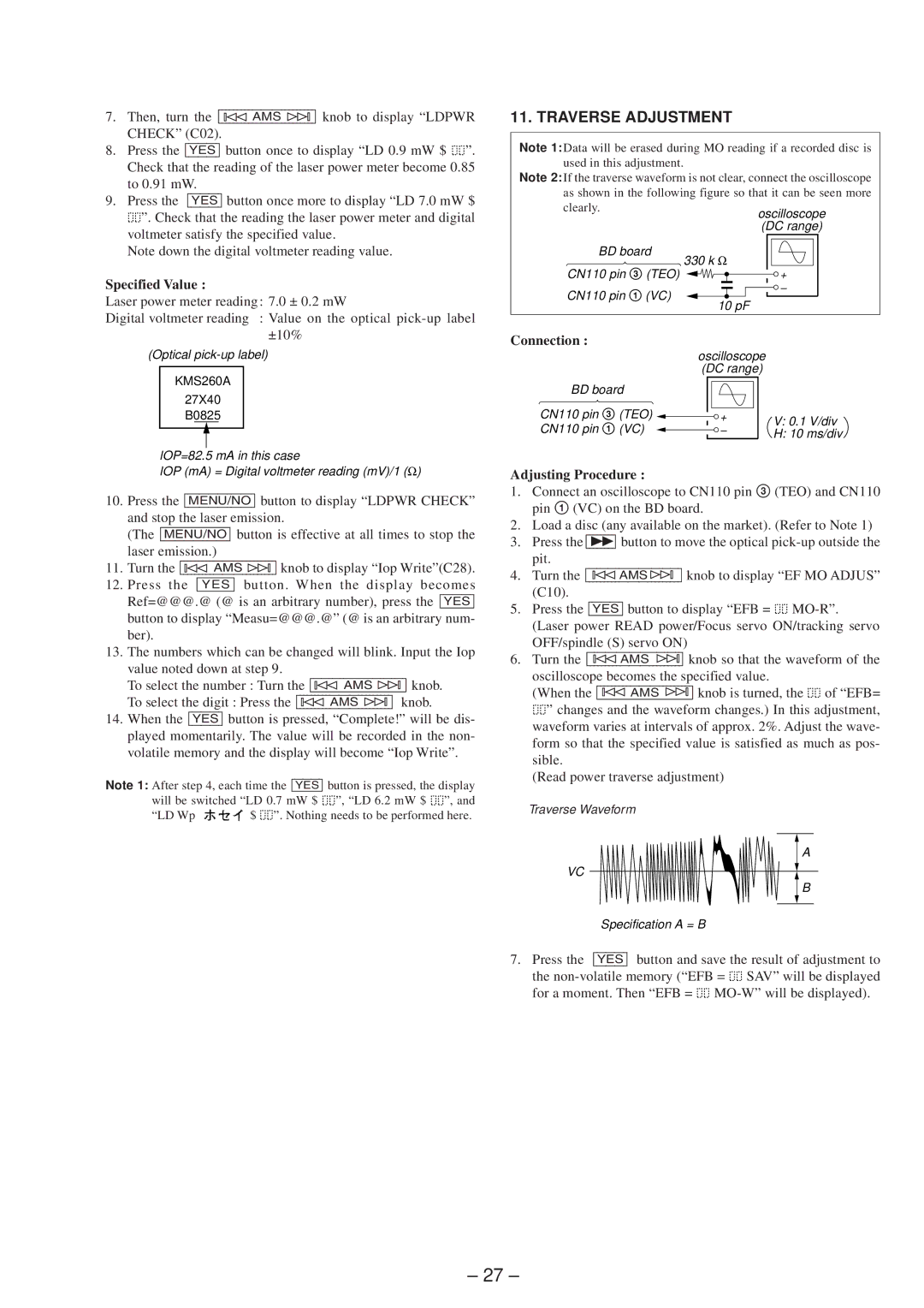 Sony MDS-JE630 service manual Traverse Adjustment, KMS260A 