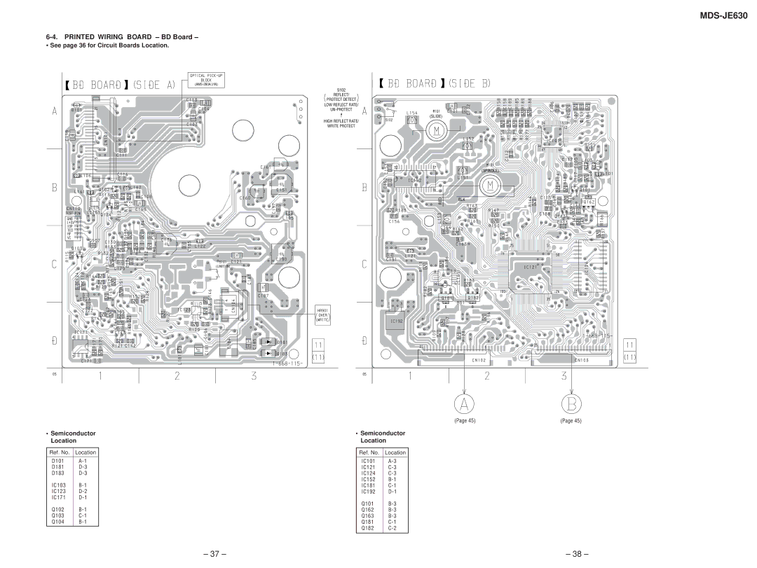 Sony MDS-JE630 Printed Wiring Board BD Board, See page 36 for Circuit Boards Location, Semiconductor Location 