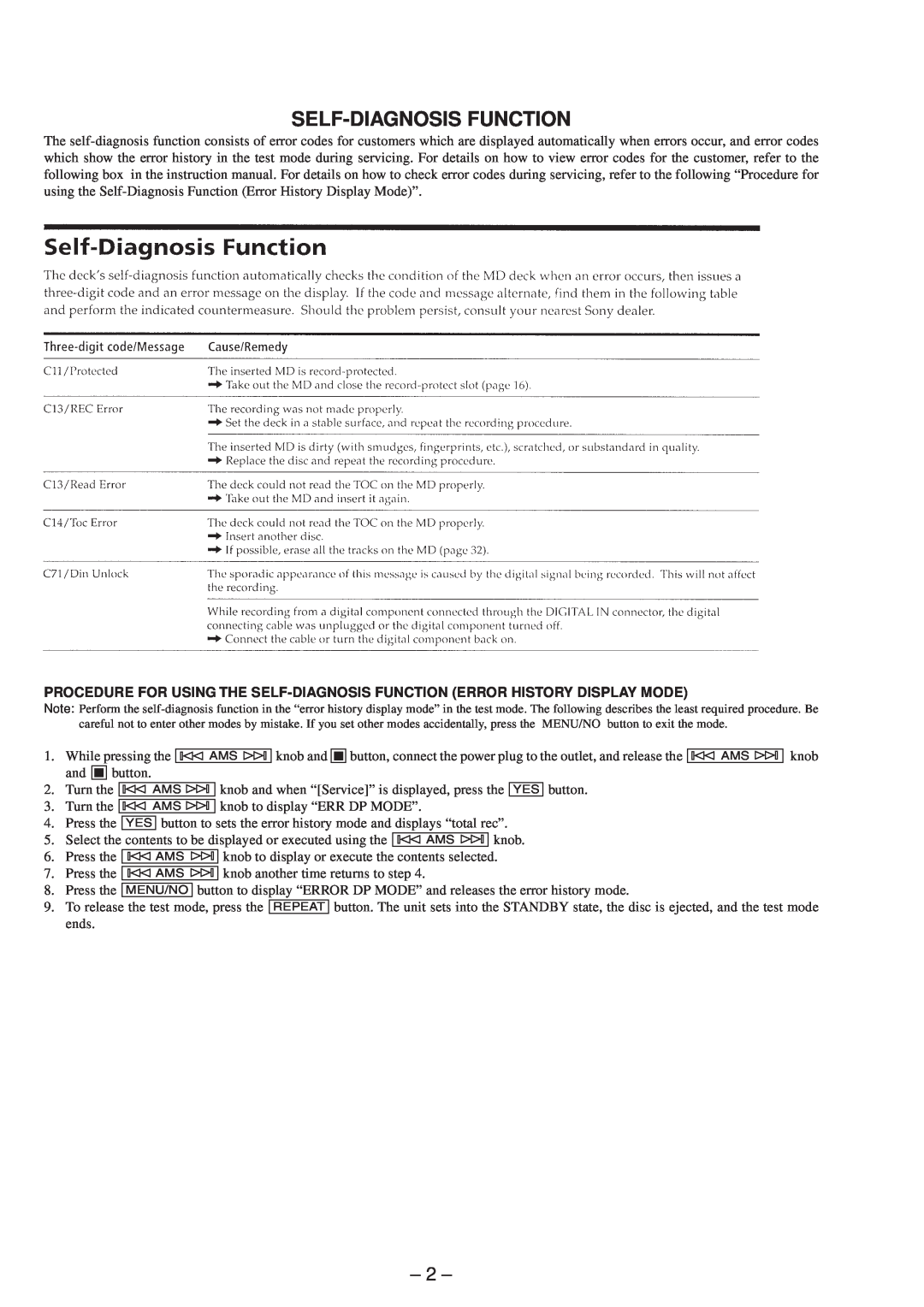 Sony MDS-JE630 service manual Self-Diagnosisfunction 