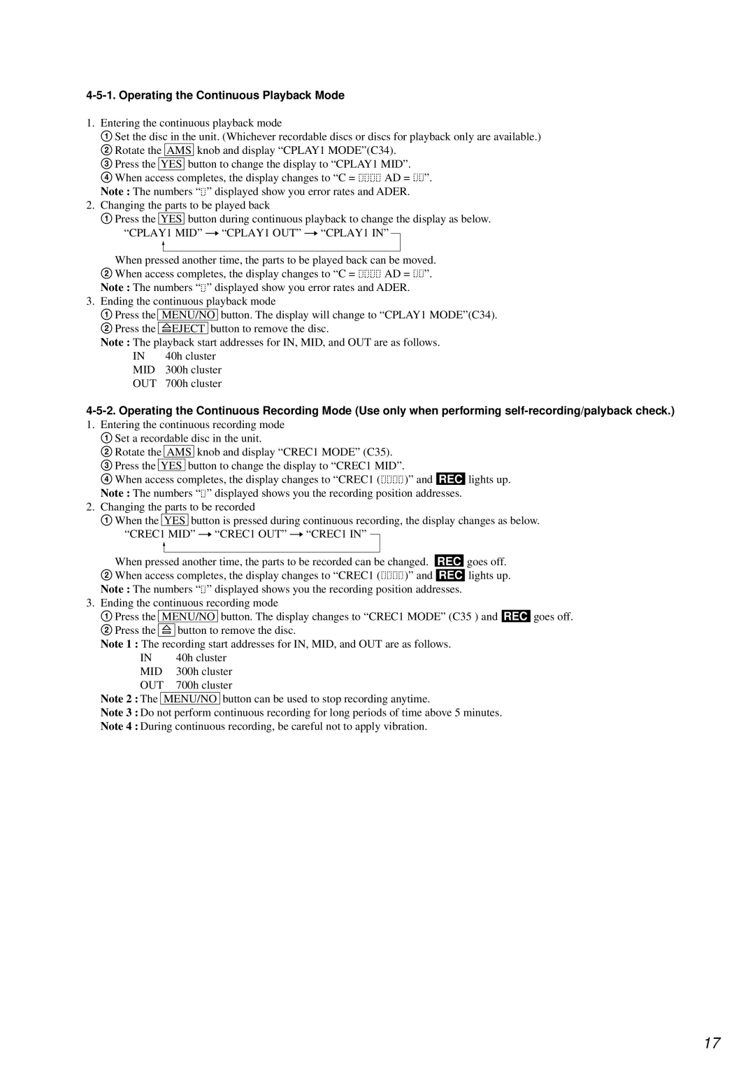 Sony MDS-JE640 specifications Operating the Continuous Playback Mode, Menu/No 