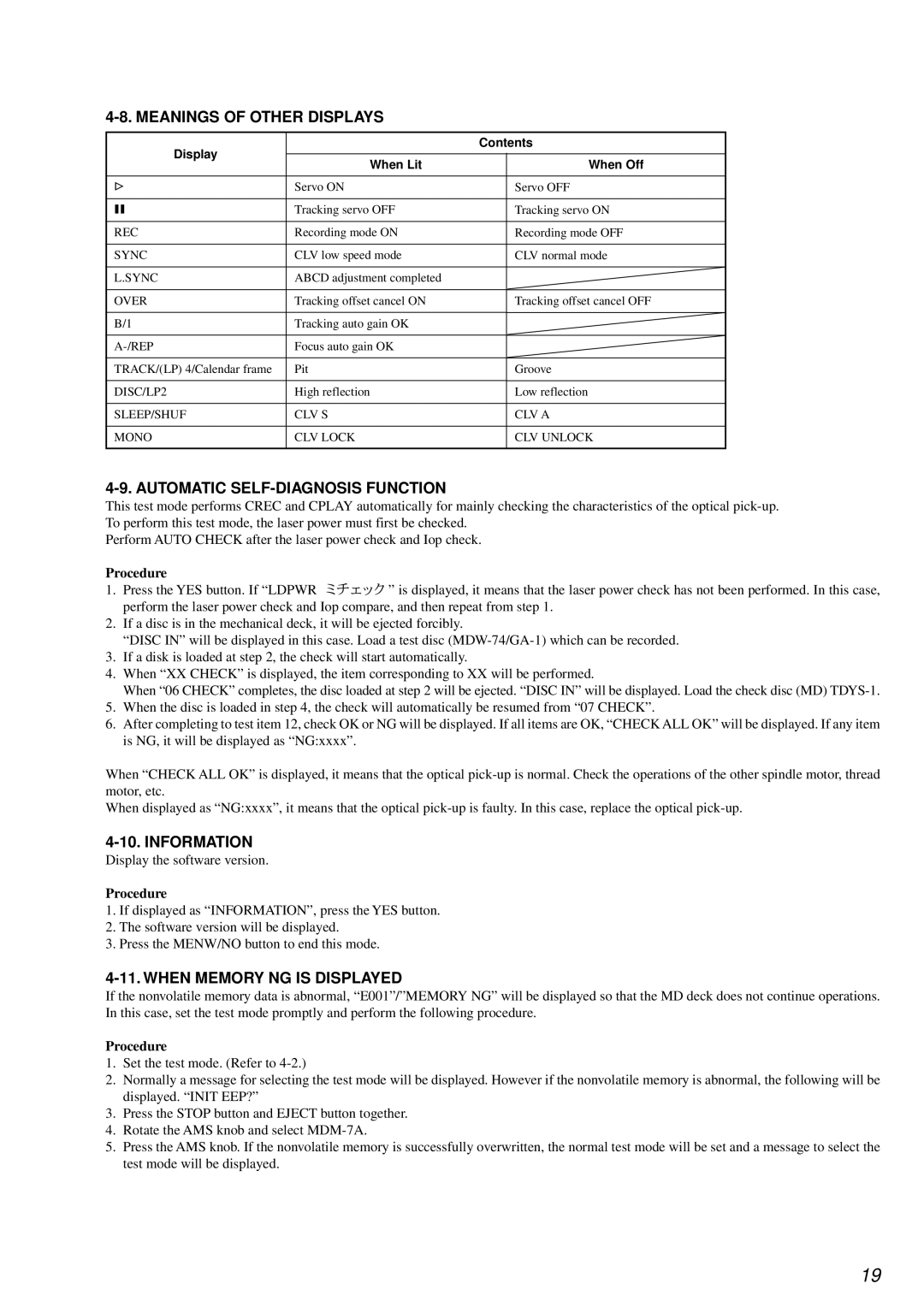 Sony MDS-JE640 Meanings of Other Displays, Automatic SELF-DIAGNOSIS Function, Information, When Memory NG is Displayed 