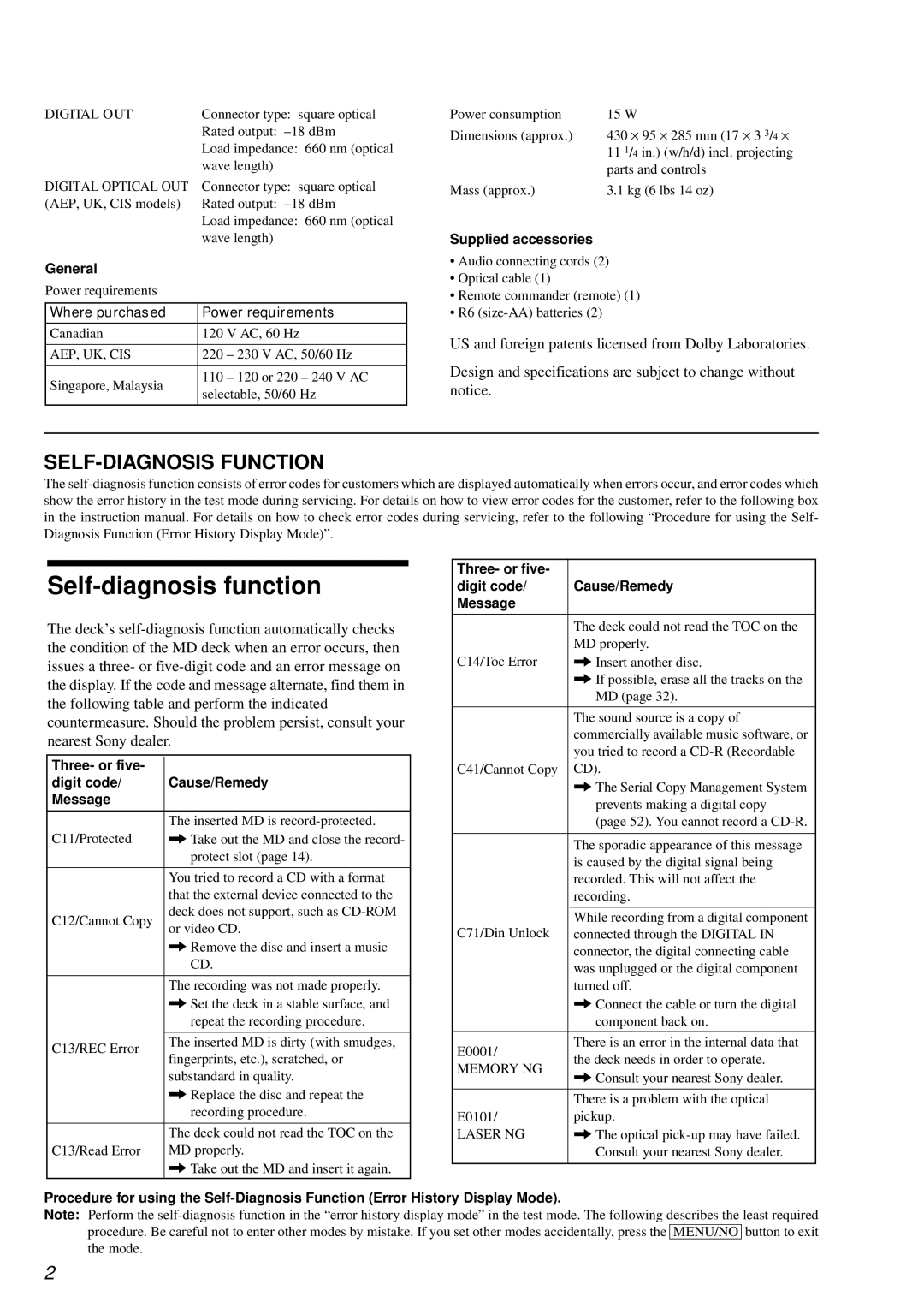 Sony MDS-JE640 SELF-DIAGNOSIS Function, General, Supplied accessories, Three- or five Digit code Cause/Remedy Message 