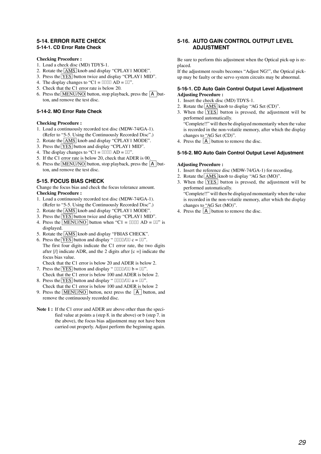 Sony MDS-JE640 specifications Error Rate Check, Focus Bias Check, Auto Gain Control Output Level Adjustment 