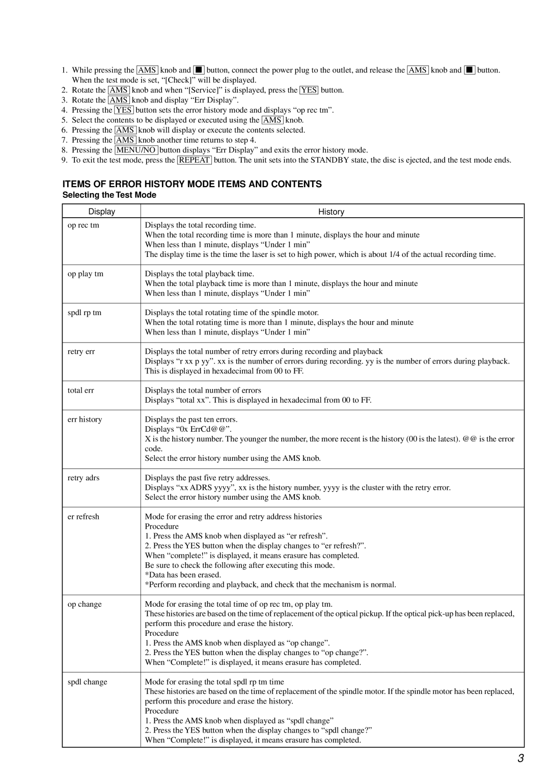 Sony MDS-JE640 specifications Items of Error History Mode Items and Contents 