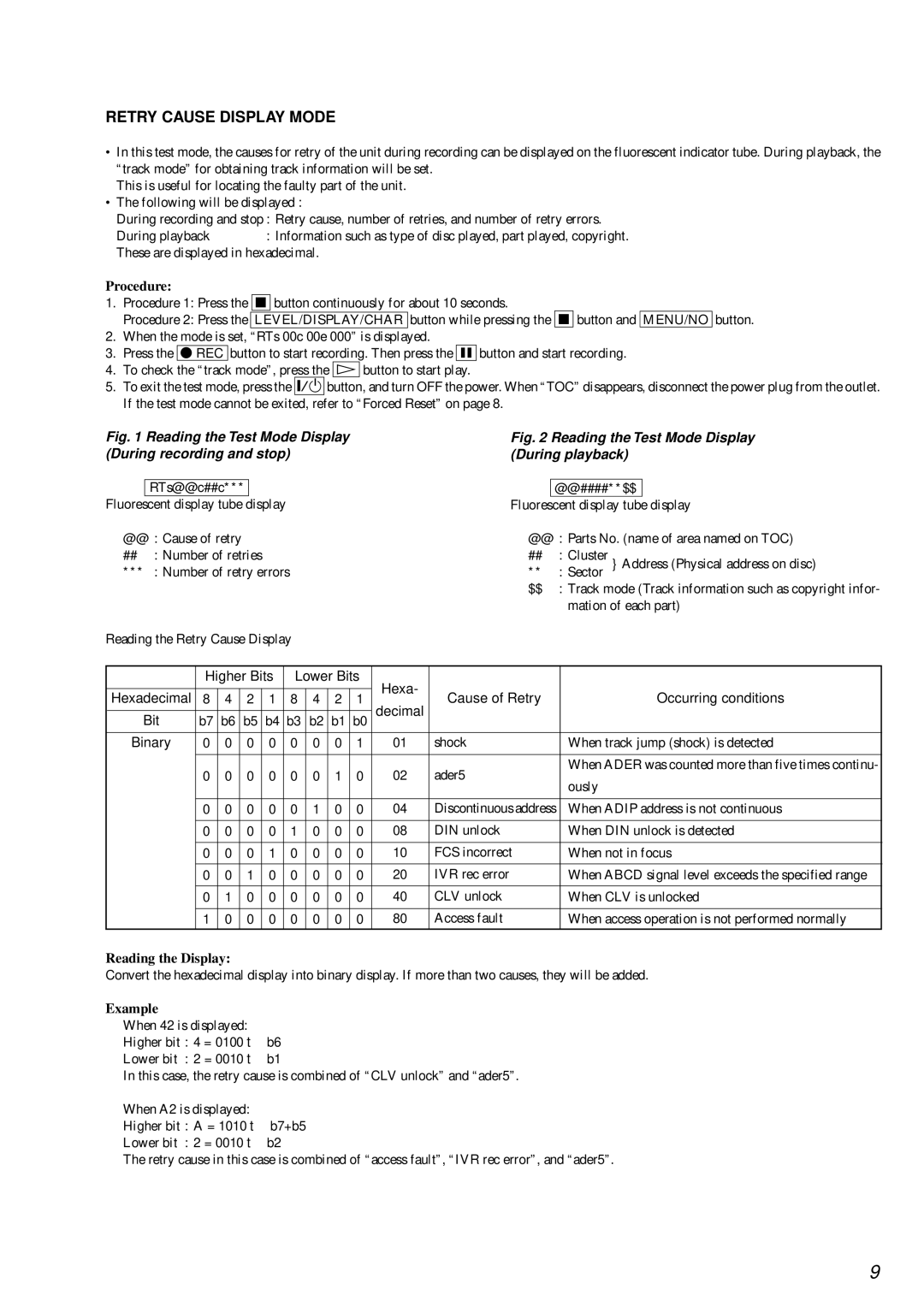 Sony MDS-JE640 specifications Retry Cause Display Mode, Bit Binary 