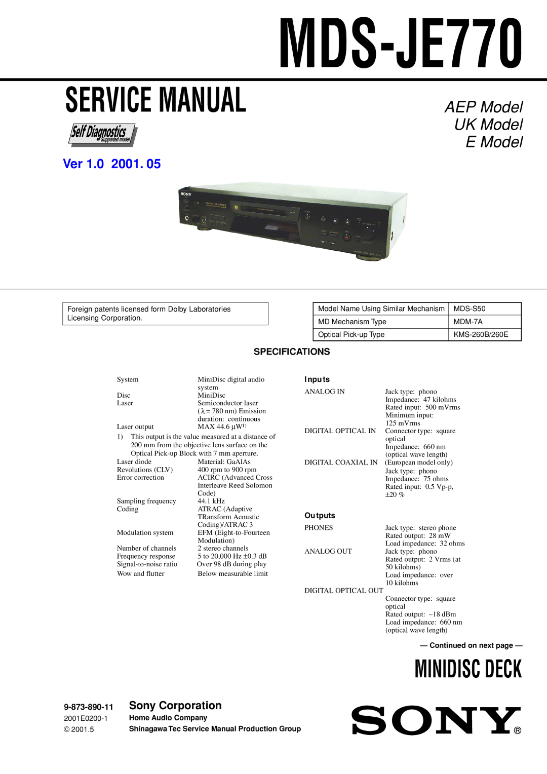 Sony MDS-JE770 specifications Specifications, 873-890-11, MDS-S50, MDM-7A 