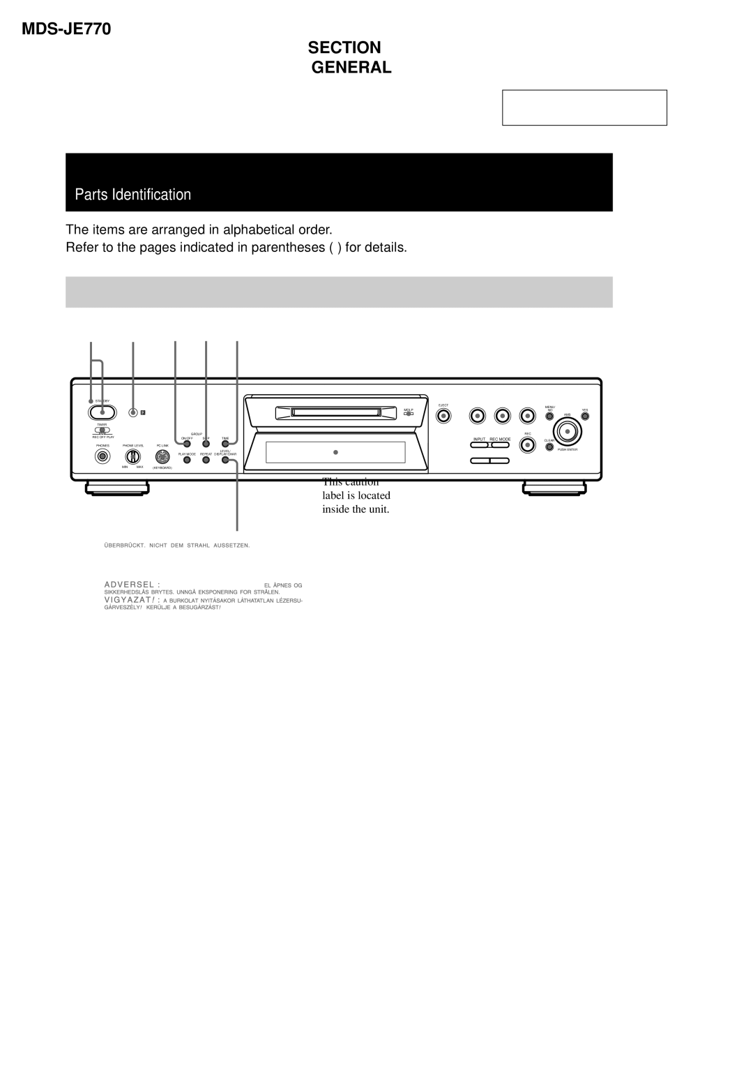 Sony specifications MDS-JE770 Section General, Button Descriptions 