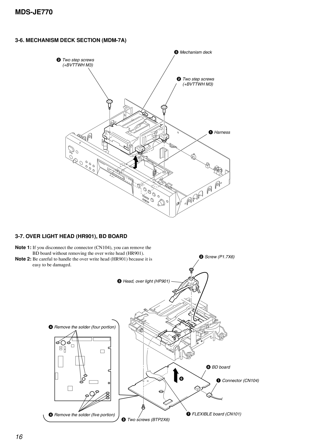 Sony MDS-JE770 specifications Mechanism Deck Section MDM-7A, Over Light Head HR901, BD Board 