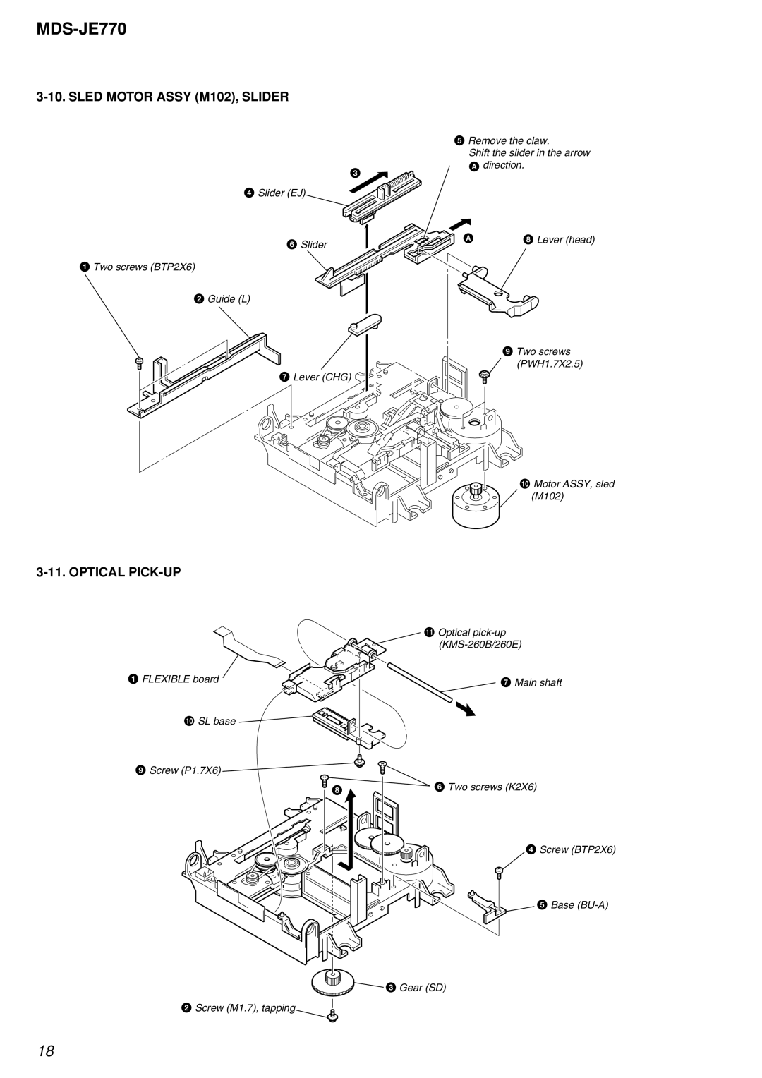 Sony MDS-JE770 specifications Sled Motor Assy M102, Slider, Optical PICK-UP 
