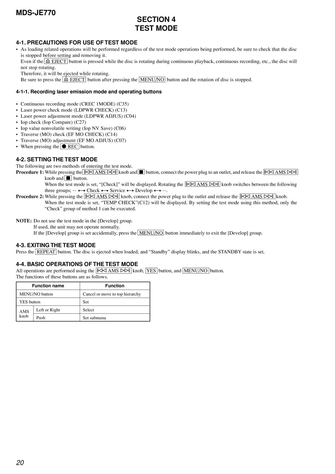 Sony MDS-JE770 Section Test Mode, Precautions for USE of Test Mode, Setting the Test Mode, Exiting the Test Mode 