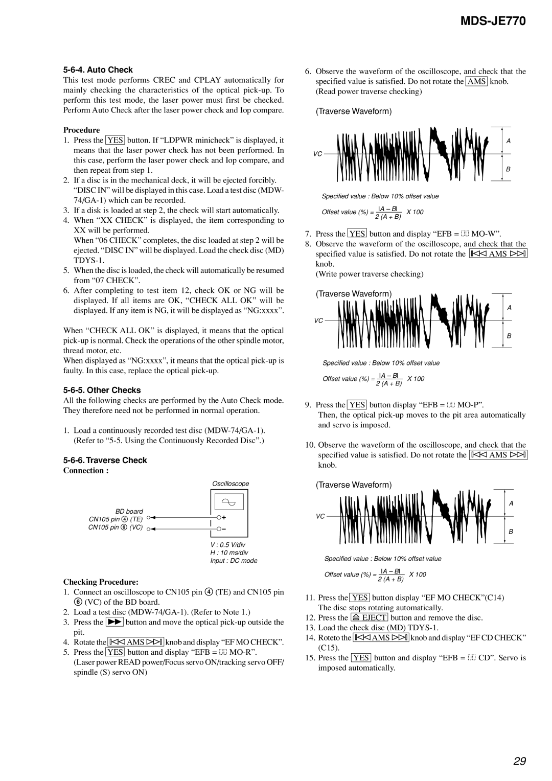 Sony MDS-JE770 specifications Auto Check, Other Checks, Traverse Check, Traverse Waveform 