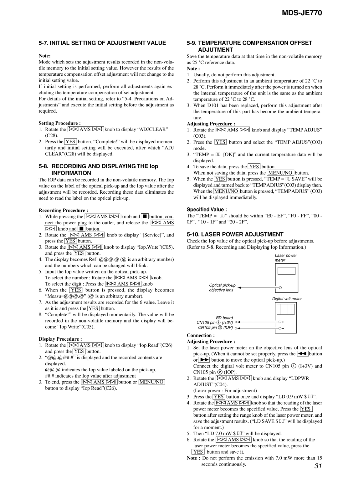 Sony MDS-JE770 Initial Setting of Adjustment Value, Temperature Compensation Offset Adjutment, Laser Power Adjustment 