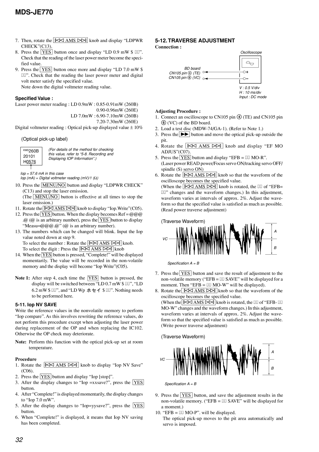 Sony MDS-JE770 specifications Traverse Adjustment, Iop NV Save 