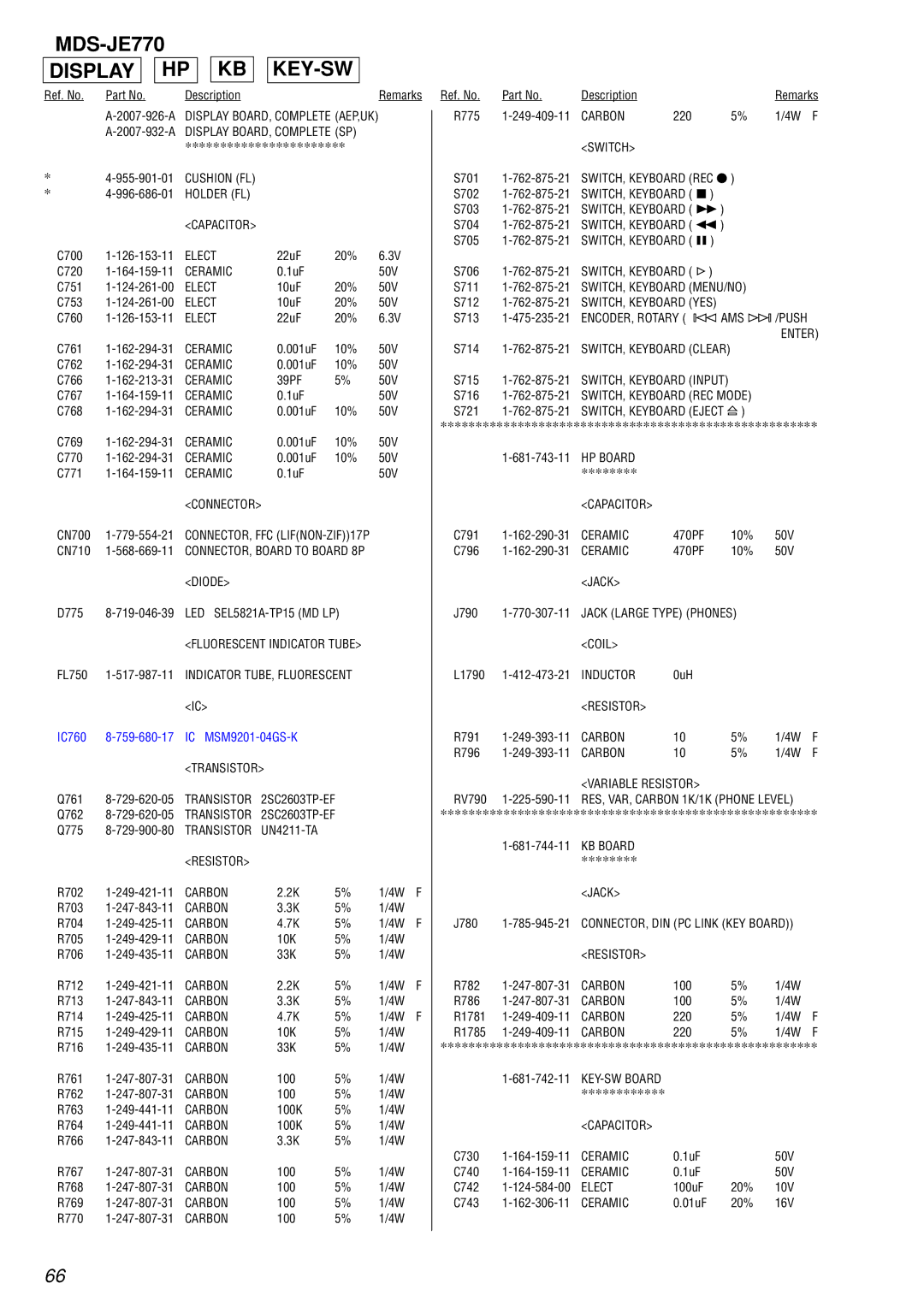 Sony specifications MDS-JE770 Display HP KB KEY-SW 