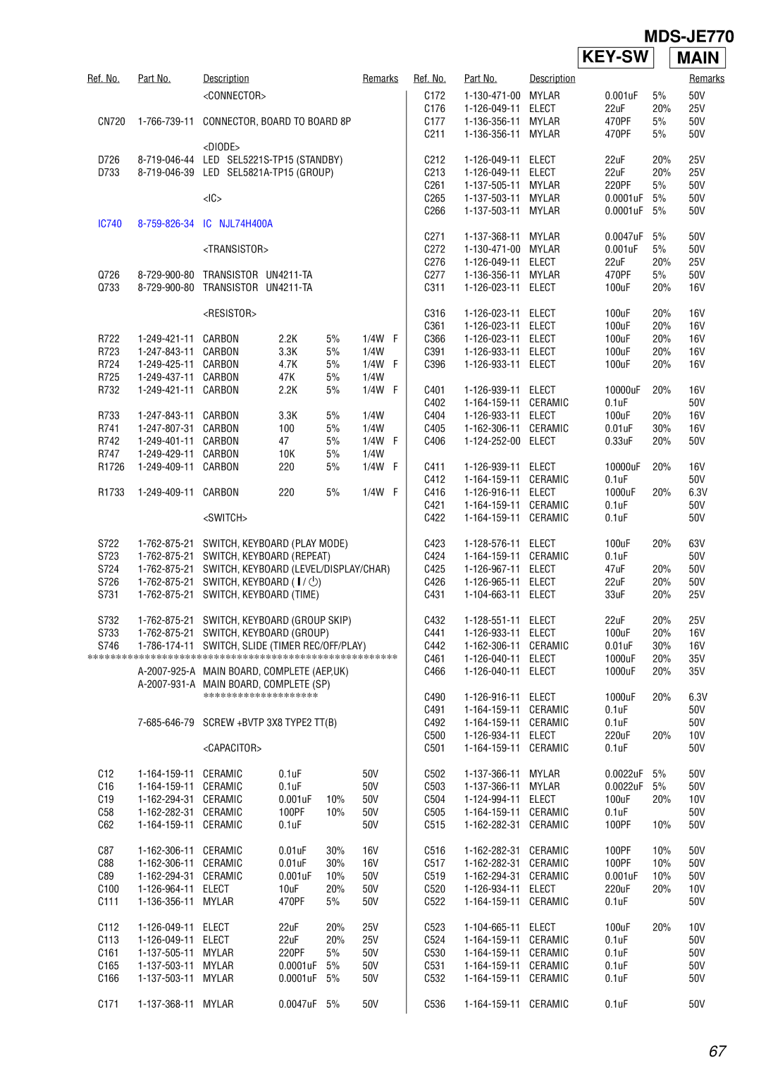 Sony MDS-JE770 specifications KEY-SW Main 