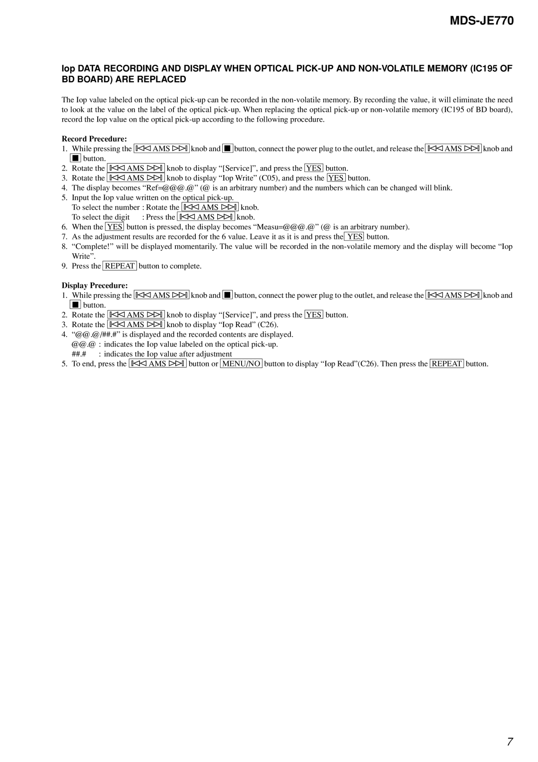 Sony MDS-JE770 specifications Record Precedure 