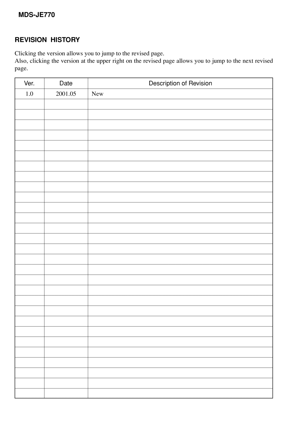 Sony specifications MDS-JE770 Revision History 