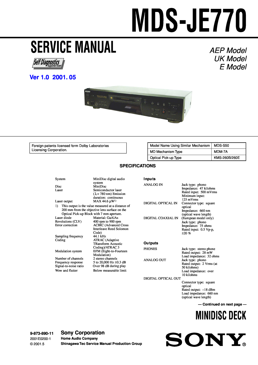 Sony MDS-JE770 specifications Specifications, 9-873-890-11, Minidisc Deck, AEP Model UK Model E Model, Ver 