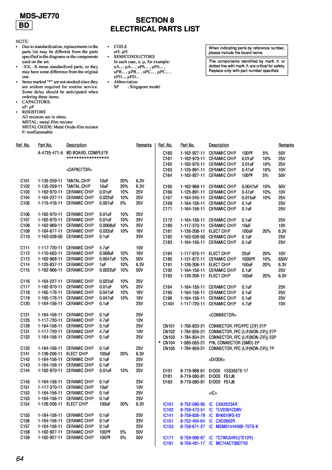 Sony MDS-JE770 specifications Section, Electrical Parts List 