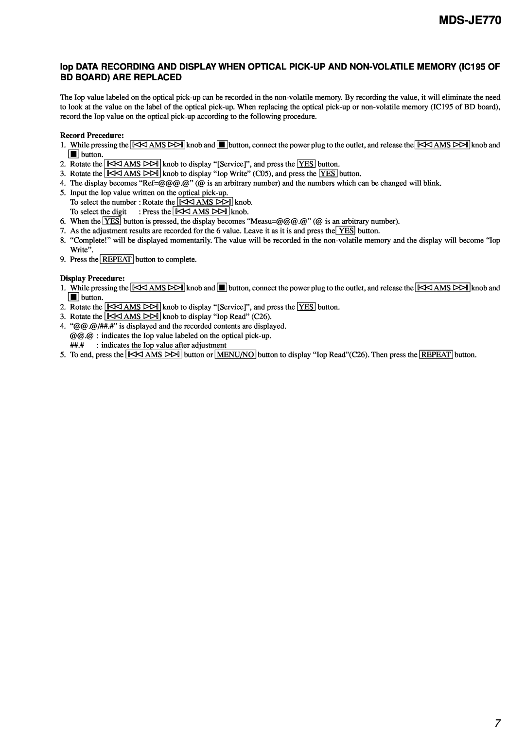 Sony MDS-JE770 specifications Record Precedure, Display Precedure 