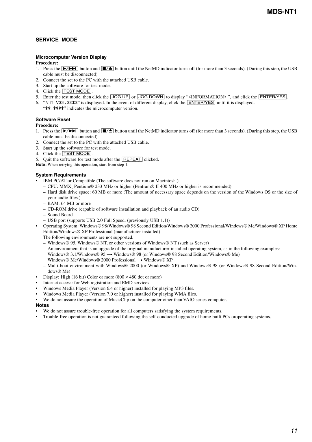 Sony MDS-NT1 service manual Service Mode, Microcomputer Version Display, Software Reset, System Requirements 