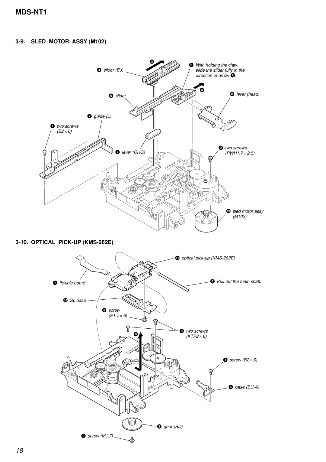 Sony MDS-NT1 service manual Sled Motor Assy M102, Optical PICK-UP KMS-262E 