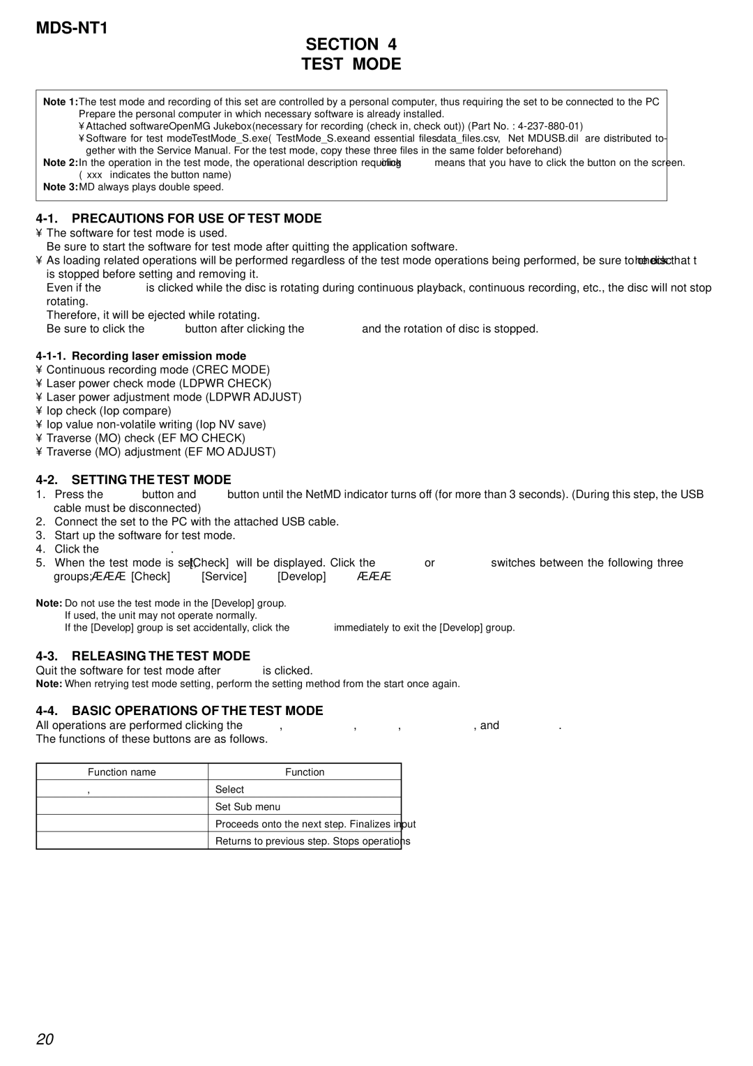 Sony MDS-NT1 Section Test Mode, Precautions for USE of Test Mode, Setting the Test Mode, Releasing the Test Mode 