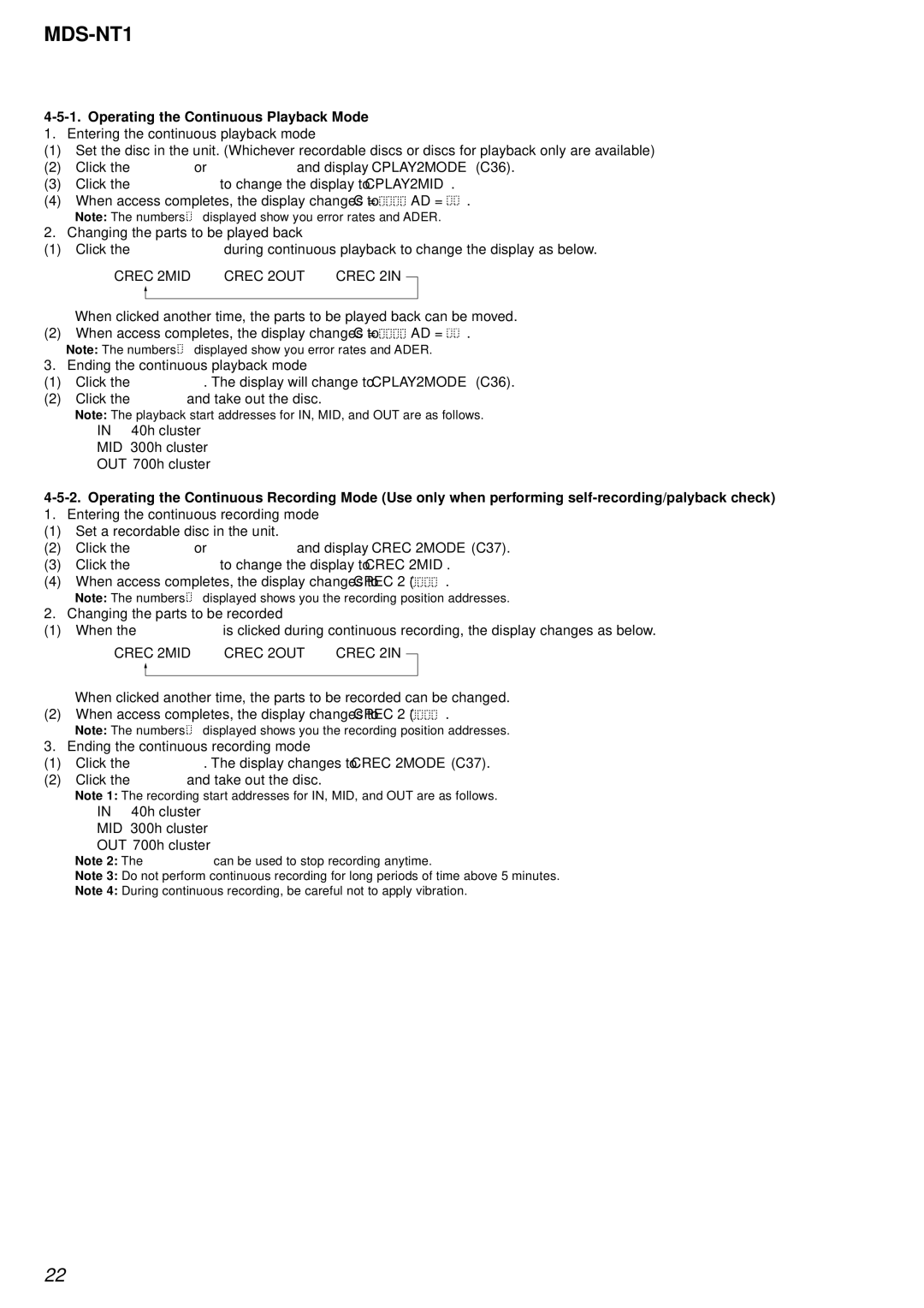 Sony MDS-NT1 service manual Operating the Continuous Playback Mode 