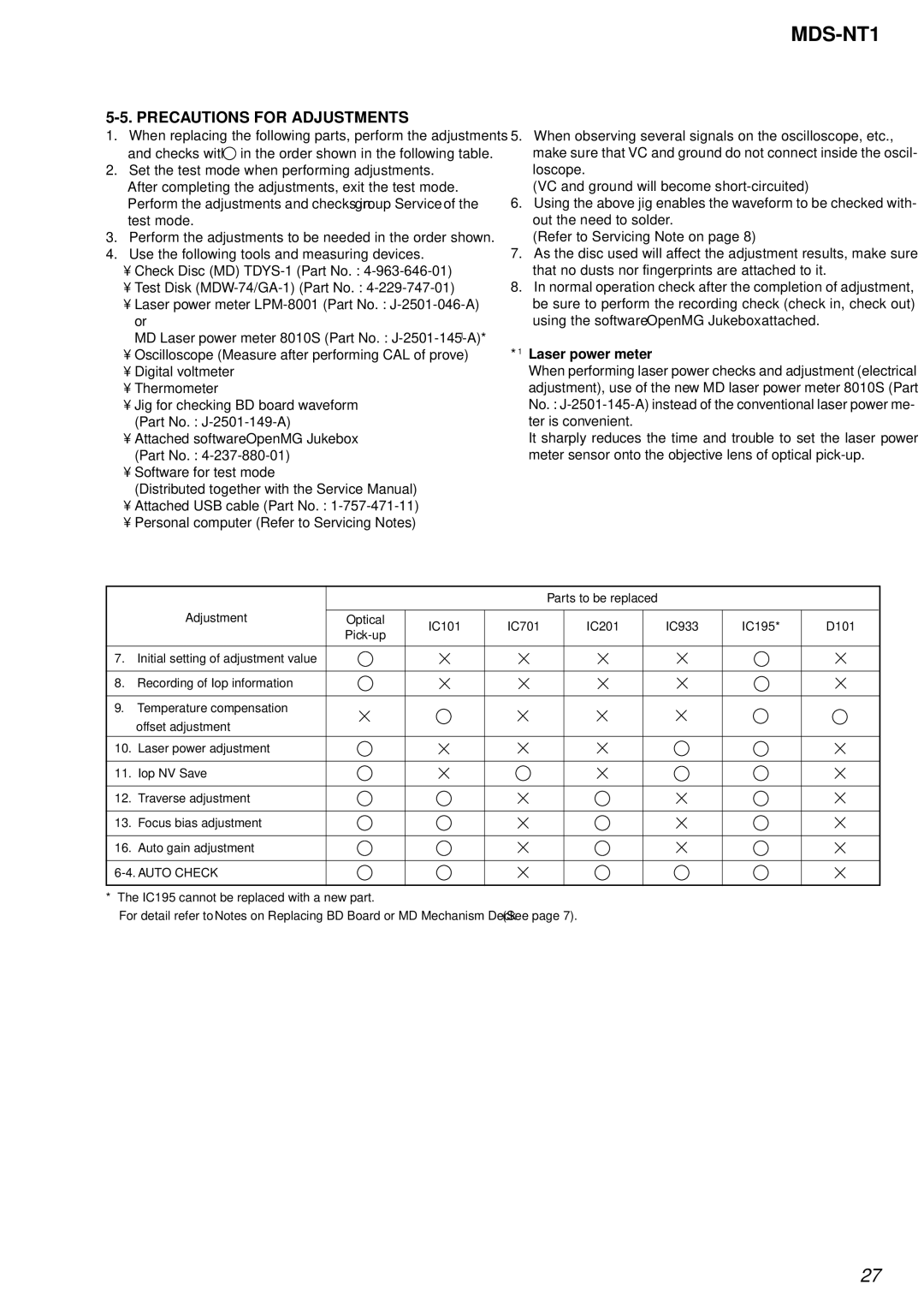 Sony MDS-NT1 service manual Precautions for Adjustments, Laser power meter 