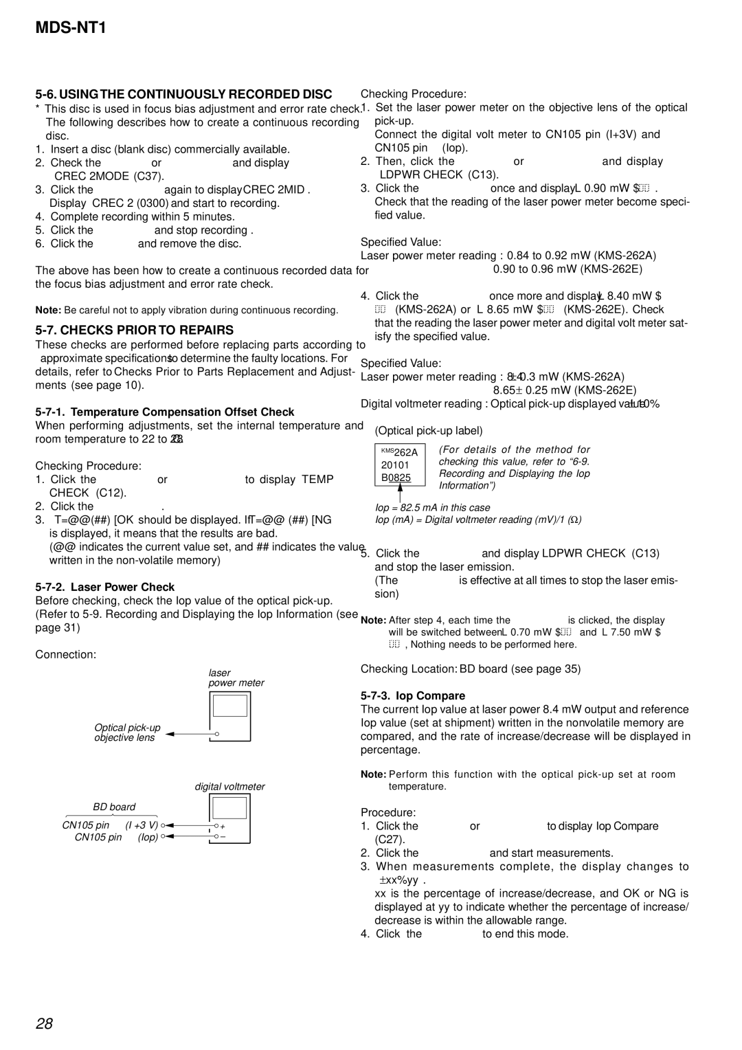 Sony MDS-NT1 Using the Continuously Recorded Disc, Checks Prior to Repairs, Temperature Compensation Offset Check 