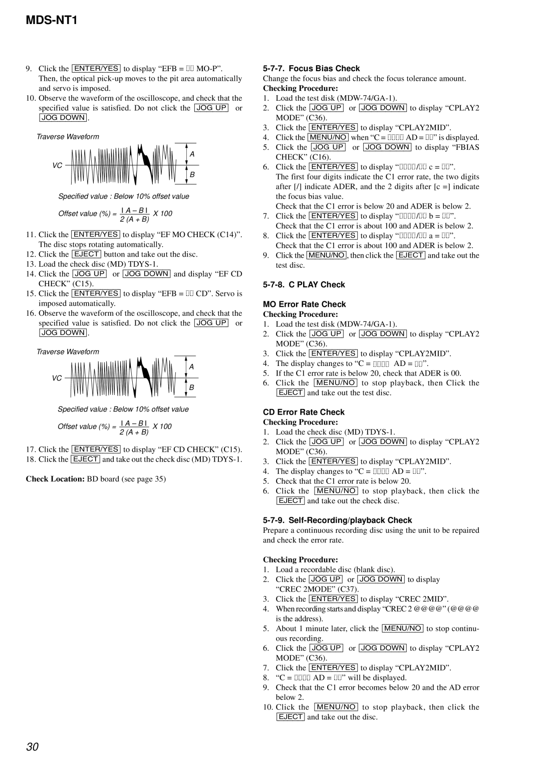 Sony MDS-NT1 Focus Bias Check, Play Check MO Error Rate Check, CD Error Rate Check, Self-Recording/playback Check 