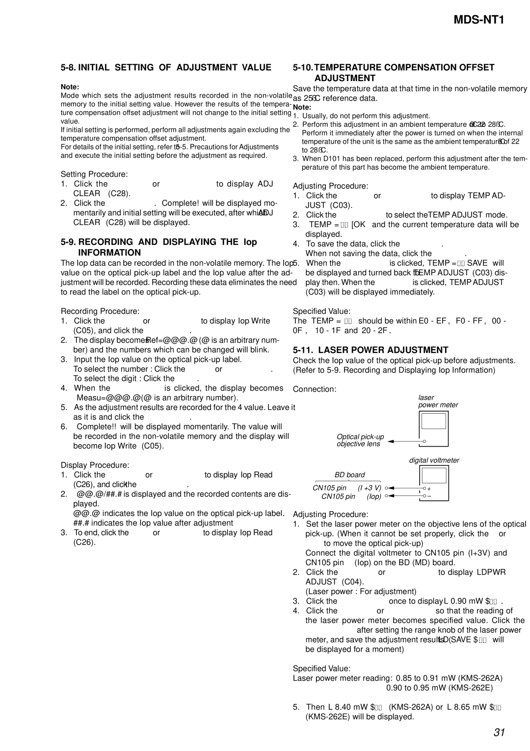 Sony MDS-NT1 service manual Initial Setting of Adjustment Value, Recording and Displaying the Iop, Laser Power Adjustment 