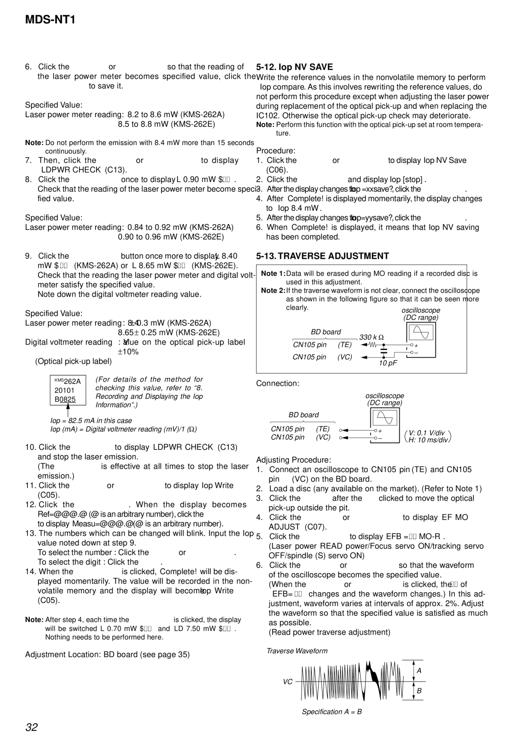 Sony MDS-NT1 service manual Iop NV Save, Traverse Adjustment 