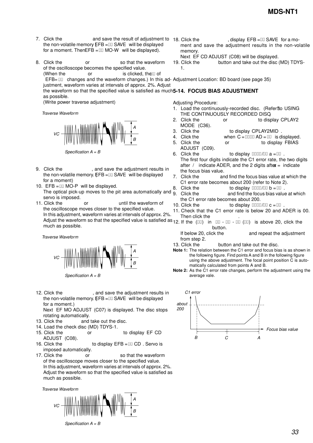 Sony MDS-NT1 service manual Focus Bias Adjustment, ENTER/YES button 