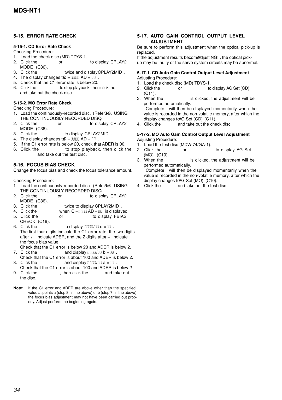 Sony MDS-NT1 service manual Error Rate Check, Focus Bias Check, Auto Gain Control Output Level Adjustment 