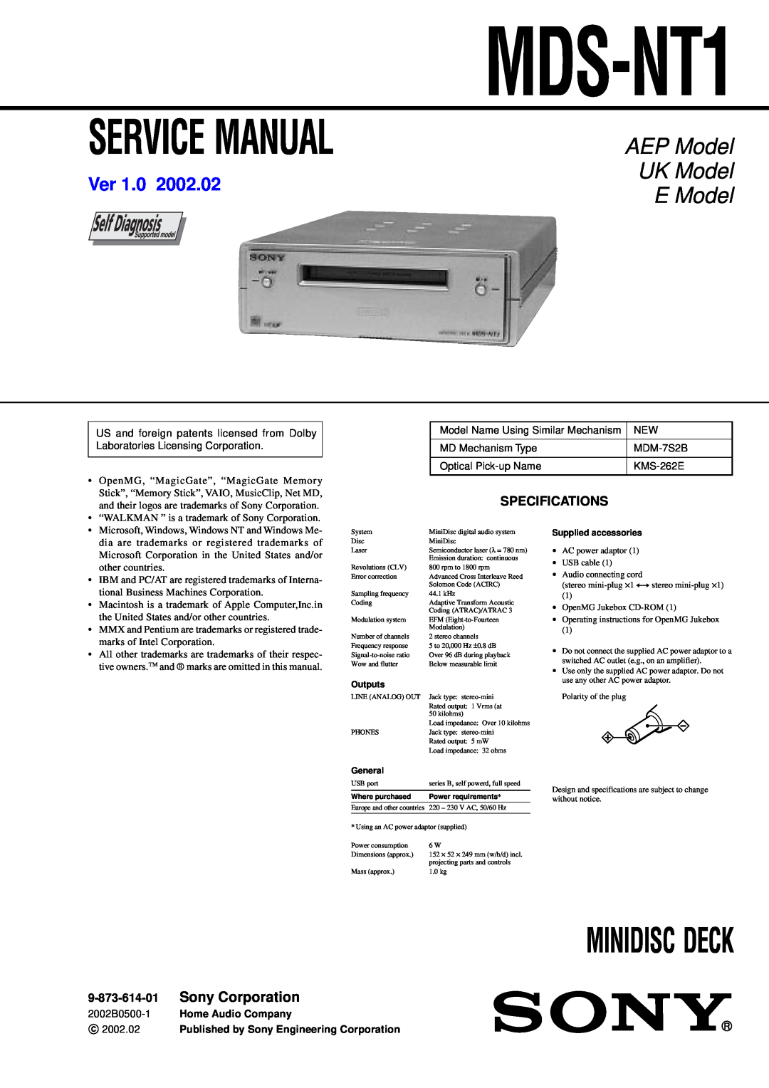 Sony MDS-NT1 service manual Specifications, Minidisc Deck, AEP Model, UK Model, E Model, Ver, Sony Corporation 