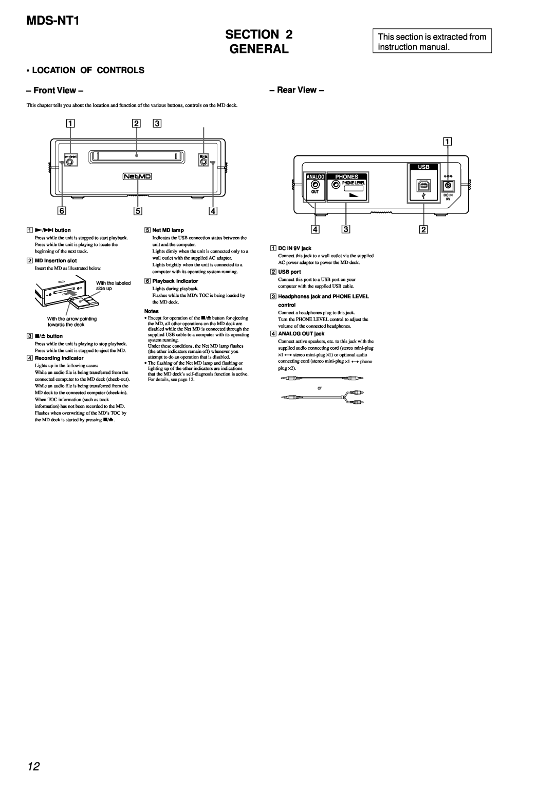 Sony service manual MDS-NT1 SECTION GENERAL, Location Of Controls, Front View 