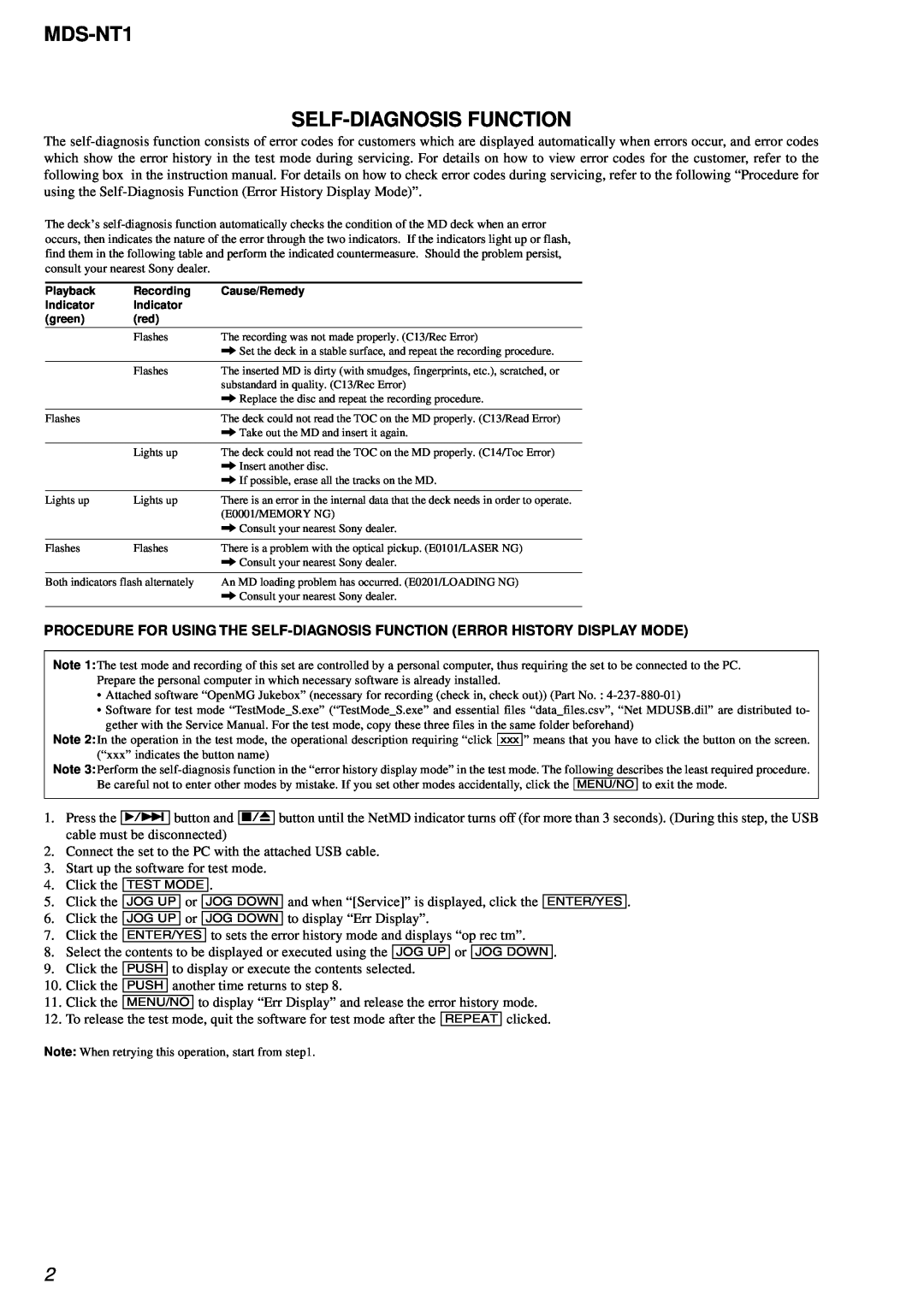 Sony service manual MDS-NT1 SELF-DIAGNOSISFUNCTION 