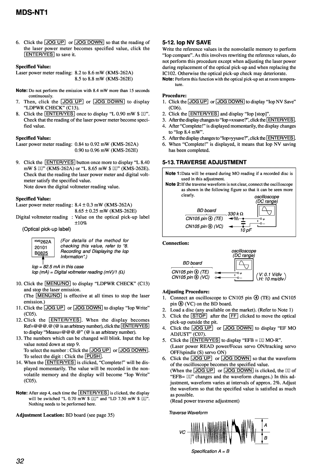 Sony MDS-NT1 service manual ENTER/YES to save it, Iop NV SAVE, Traverse Adjustment, Specified Value, Procedure, Connection 